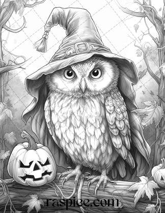 Halloween Witch Owl Grayscale Coloring Pages for Adults and Kids, Prin ...