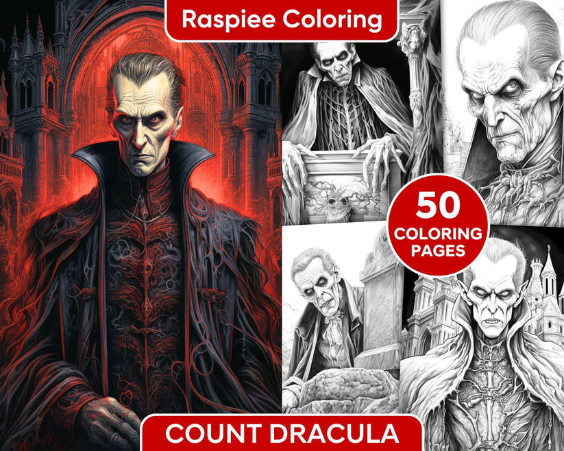 50 Count Dracula Grayscale Coloring Pages Printable for Adults, PDF Fi