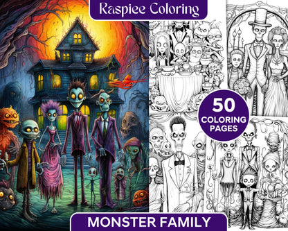 Monster Family Grayscale Coloring Page Printable for Adults, Halloween Coloring Book Instant Download, Fun and Spooky Grayscale Designs, Adult Coloring Pages High-Resolution Art, Scary Creatures Halloween Coloring Sheet