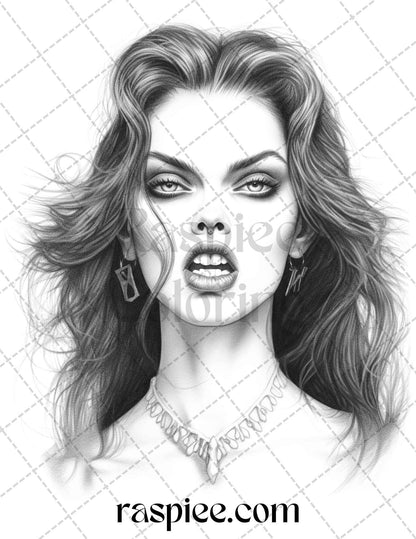 grayscale coloring pages, printable for adults, gothic vampire art, detailed illustrations, adult coloring book, Halloween coloring, fantasy creatures, spooky designs, dark fantasy, vampire theme, intricate artwork, printable grayscale pages, gothic art, supernatural coloring