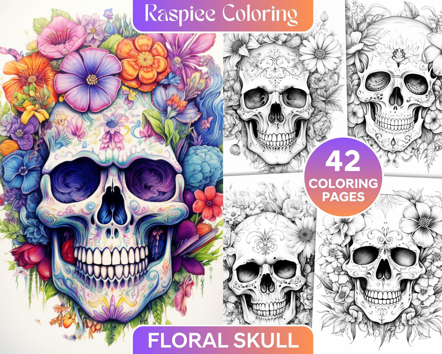 42 Floral Skull Grayscale Coloring Pages for Adults, Stress Relief Col