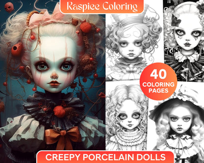 creepy porcelain doll coloring page, grayscale coloring sheet for adults, halloween coloring page for adults