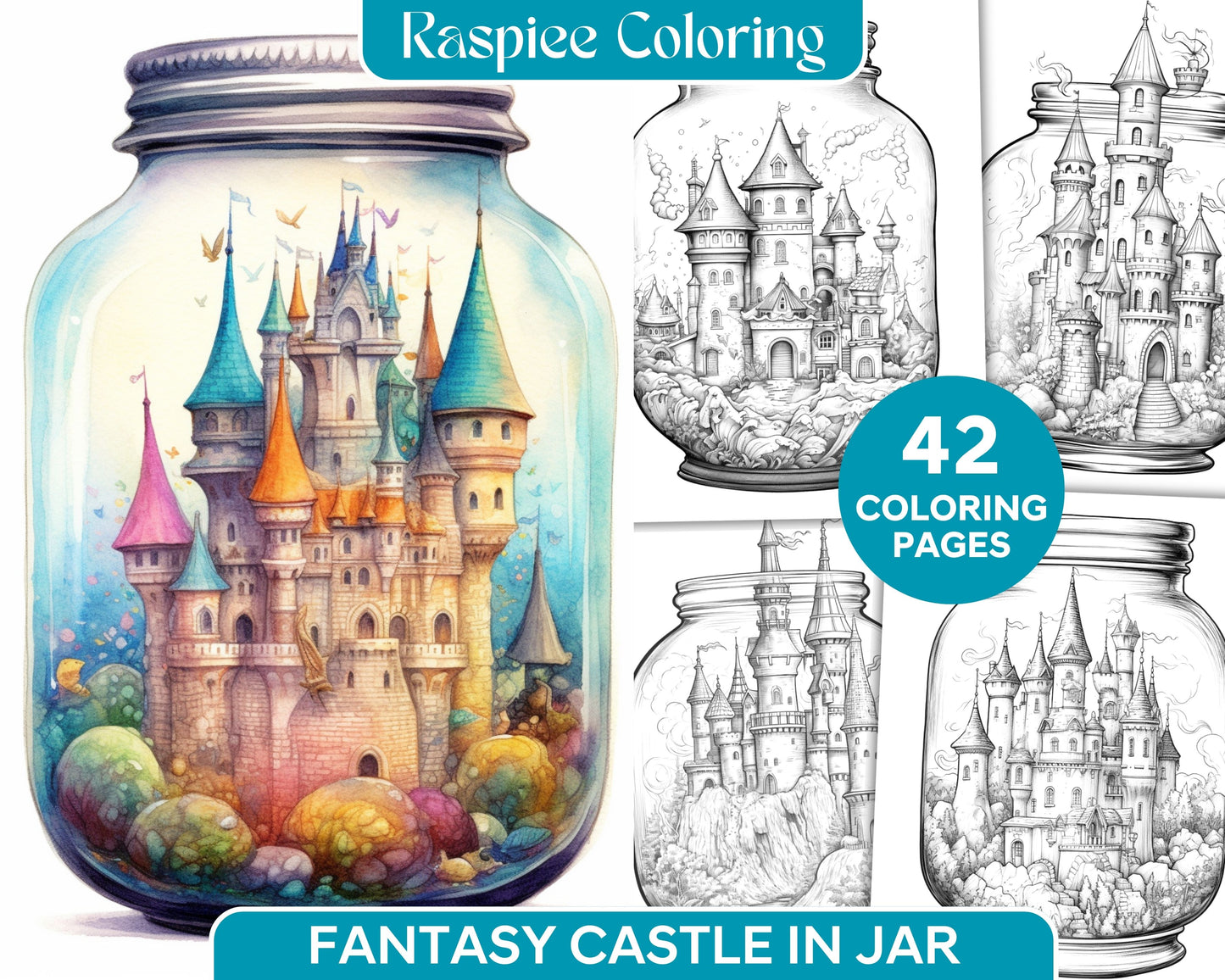 Grayscale fantasy castle coloring page for adults