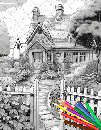 32 Printable Cottage House Garden Coloring Pages for Adults, Grayscale Coloring Book, Instant Download PDF - raspiee