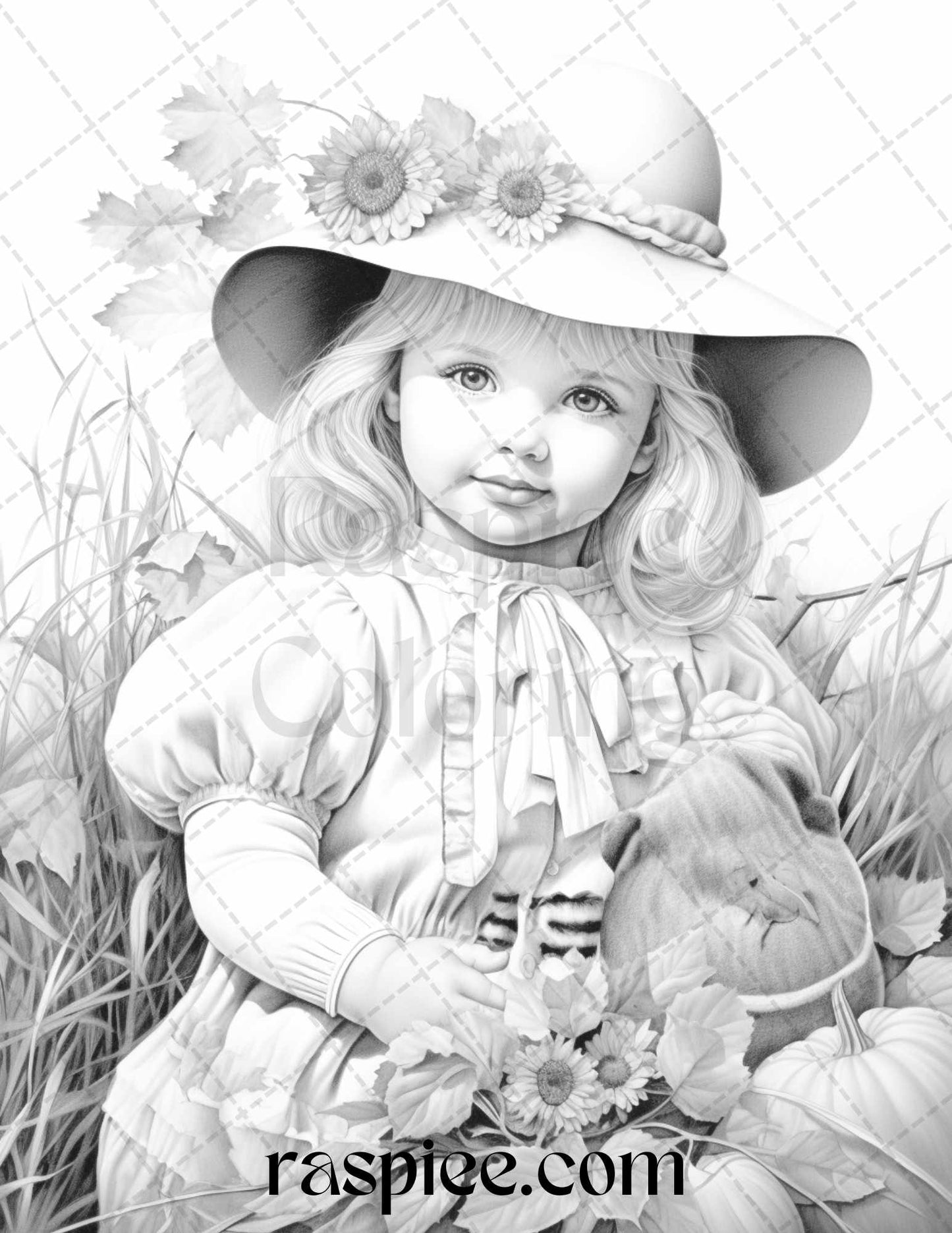 40 Vintage Autumn Adorable Girls Grayscale Coloring Pages for Adults, Printable PDF File Instant Download