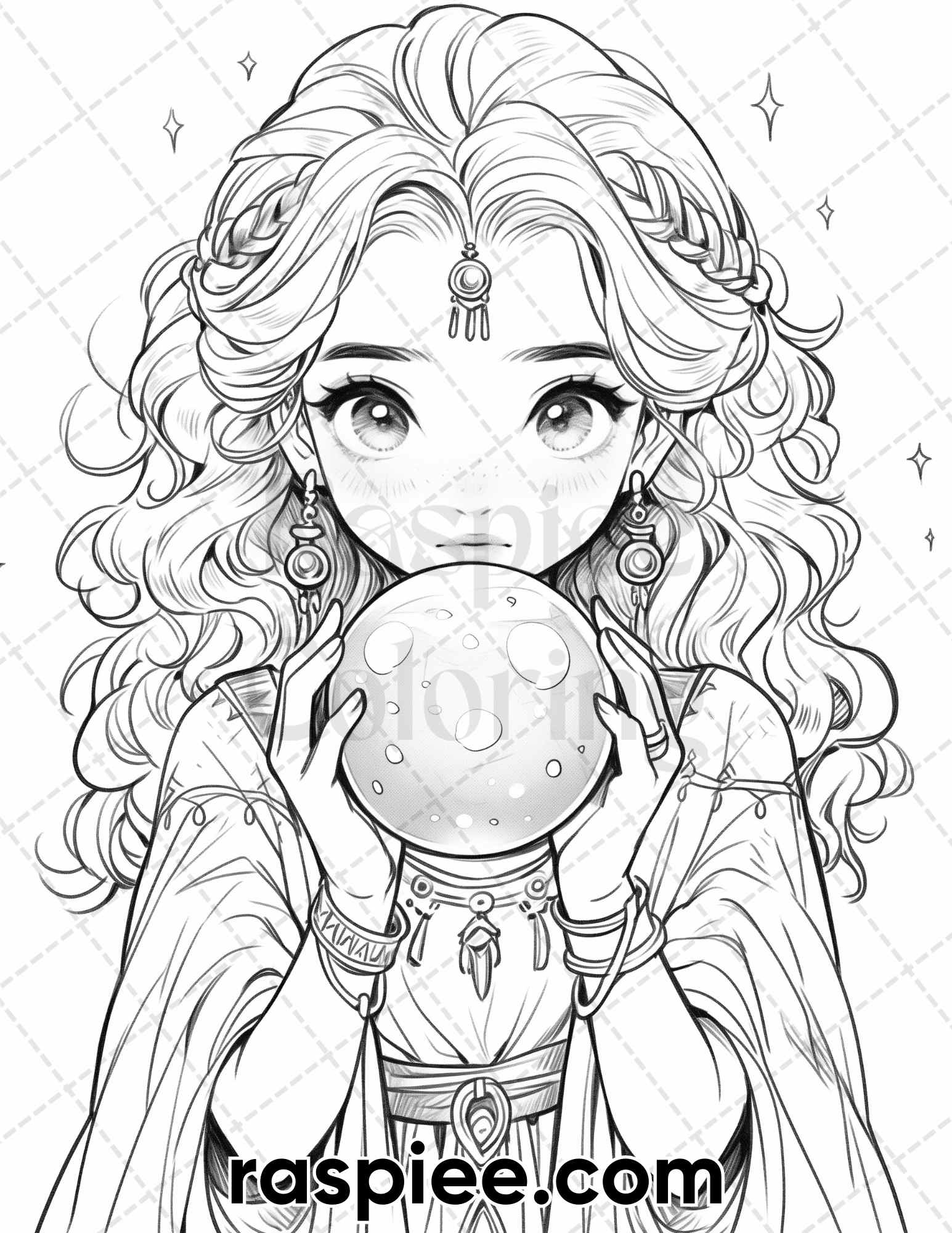 Cute Druid Girl Coloring Page, Fantasy Coloring Pages, Fantasy Coloring Book Printable, Relaxing Coloring for Adults, Grayscale Coloring Pages, Adult Coloring Pages