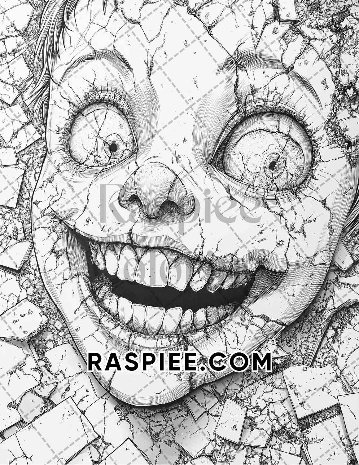 Haunted Dolls Halloween Horror Adult Coloring Pages Printable PDF Instant Download - RASPIEE