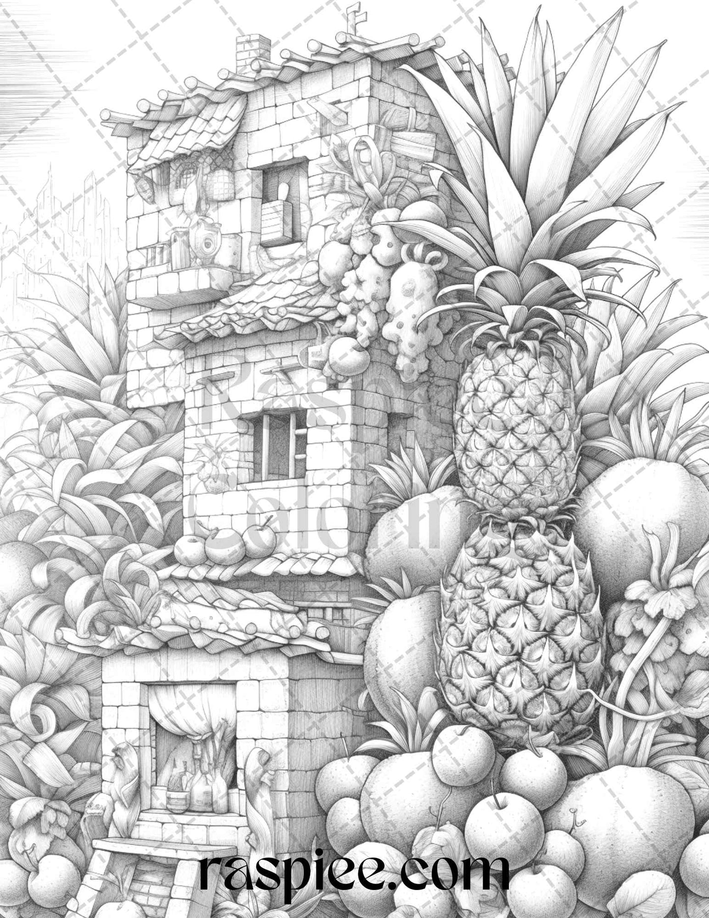 50 Pineapple Houses Grayscale Coloring Pages Printable for Adults, PDF File Instant Download - raspiee