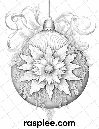 40 Christmas Balls Grayscale Coloring Pages Printable for Adults, PDF File Instant Download
