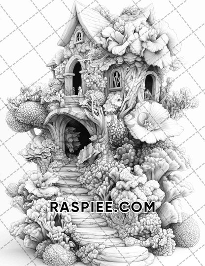 Fantasy Flower Houses Adult Coloring Pages Printable PDF Instant Download