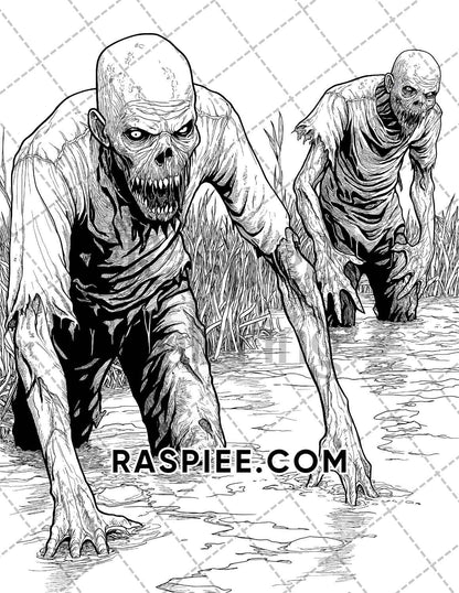 Scary Zombies Halloween Adult Coloring Pages Printable PDF Instant Download