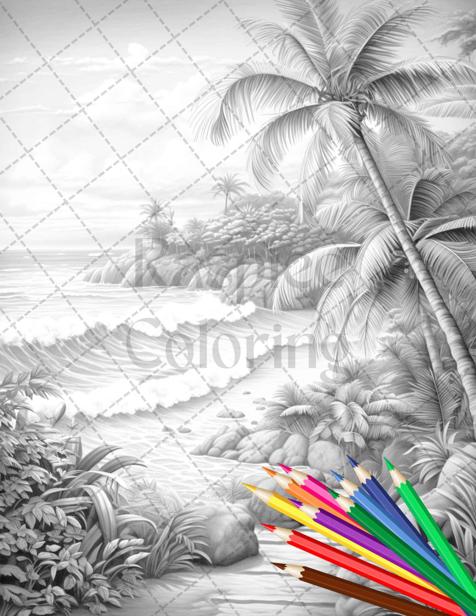 Beautiful Tropical Beach Grayscale Coloring Pages Printable for Adults, PDF File Instant Download - raspiee