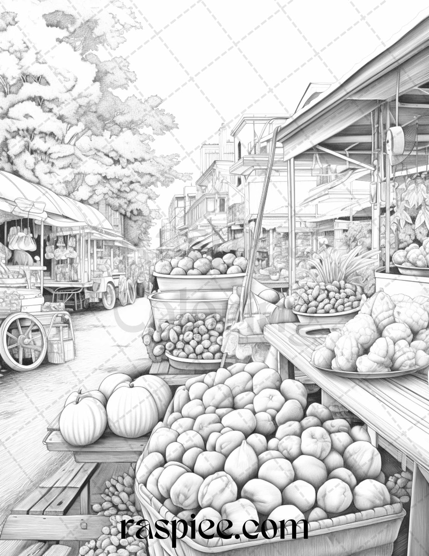 Autumn Street Markets Grayscale Coloring Pages for Adults, Printable PDF File Instant Download