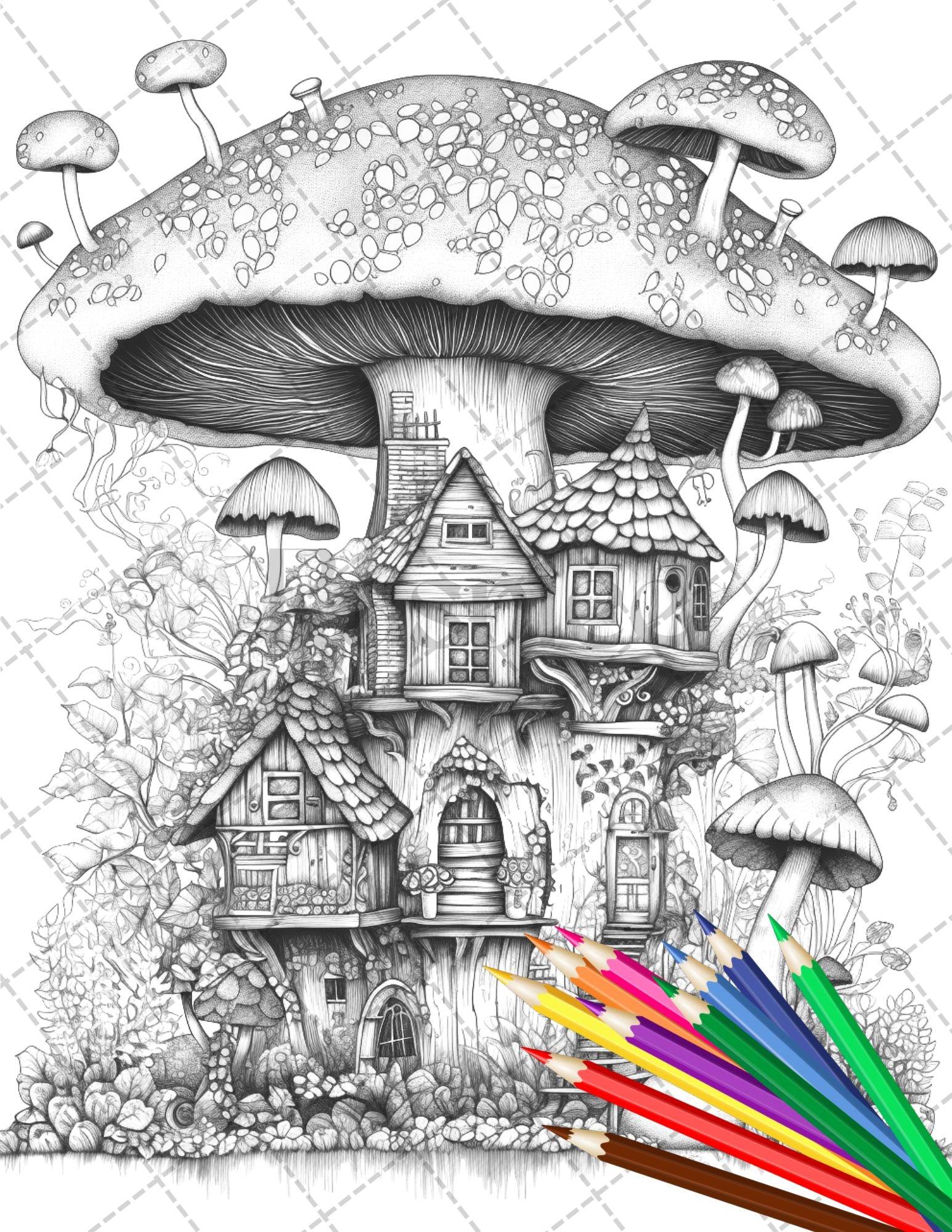 32 Whimsical Mushroom House Coloring Pages for Adults, Grayscale Color – RASPIEE 32-whimsical-mushroom-house-coloring-pages-for-adults-grayscale-color-raspiee