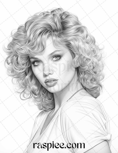 1980s Retro Beautiful Women Grayscale Coloring Pages for Adults, PDF File Instant Download - Raspiee Coloring