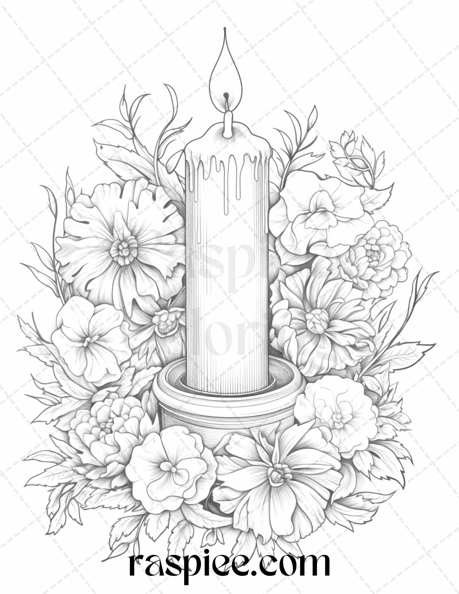 40 Flower Candles Grayscale Coloring Pages Printable for Adults, PDF File Instant Download - Raspiee Coloring