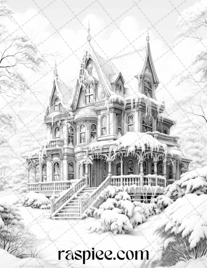 42 Fantasy Christmas Houses Grayscale Coloring Pages Printable for Adults, PDF File Instant Download