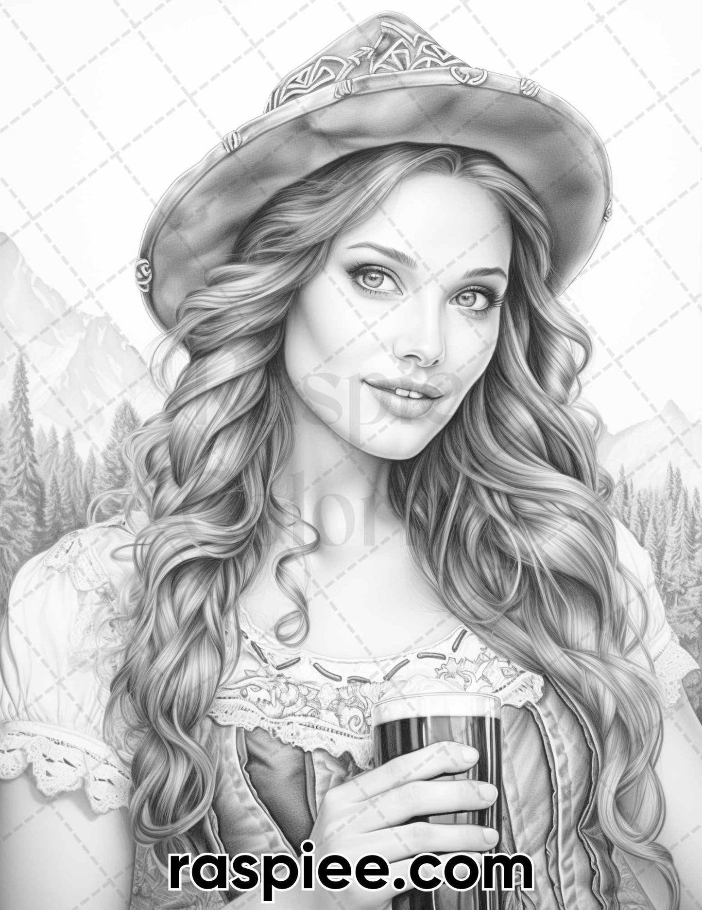 Oktoberfest girls grayscale coloring pages, adult coloring pages, german coloring pages, portrait coloring pages for adults, portrait coloring book printable, portrait coloring sheets