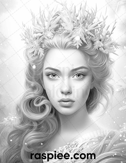 50 Winter Queens Portrait Grayscale Coloring Pages Printable for Adults, PDF File Instant Download