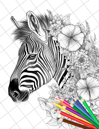 30 Animal Floral Printable Coloring Pages for Adults, Grayscale Coloring Book, Printable PDF File Download - raspiee