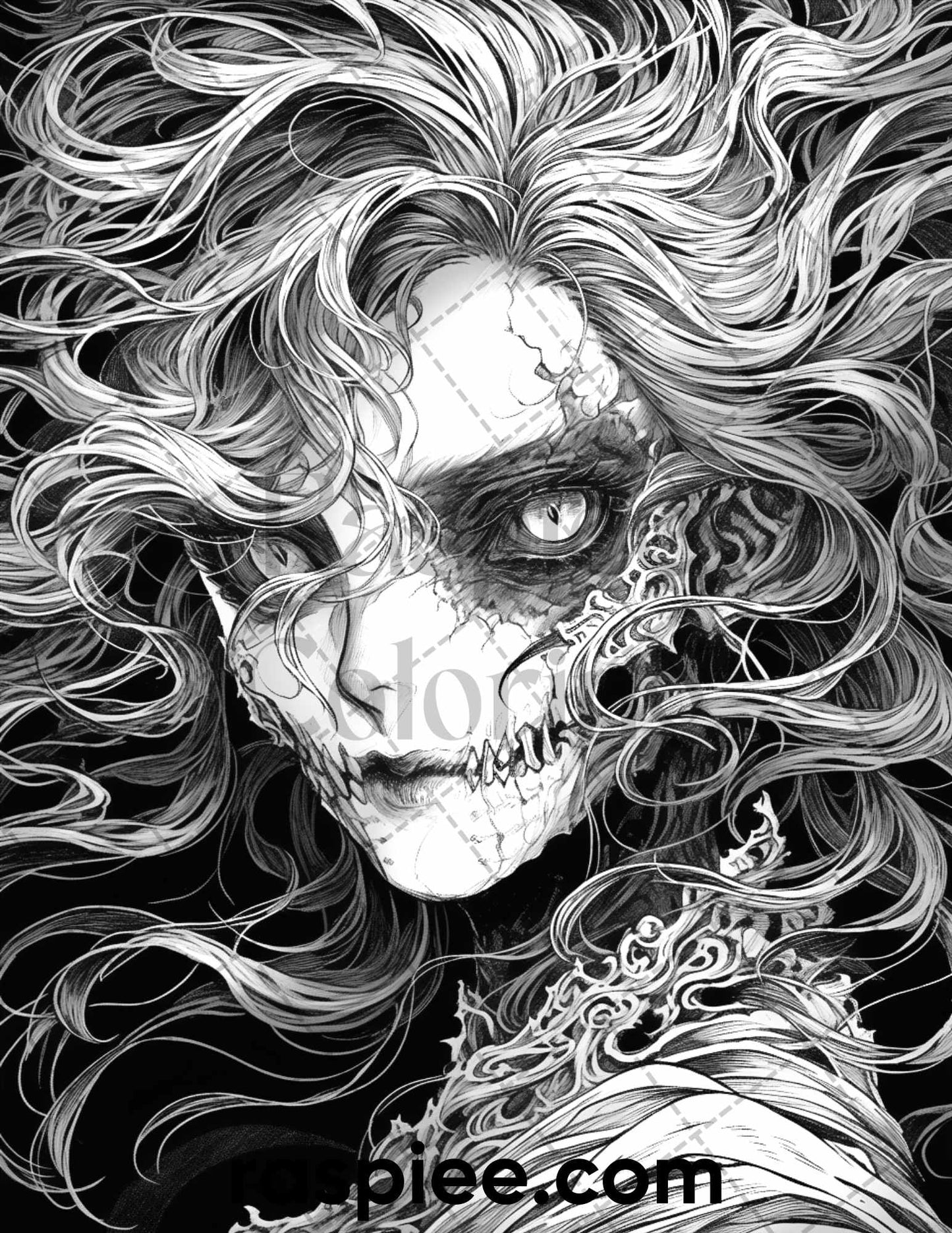 Grayscale Horror Coloring Pages, Adult Printable Coloring Sheets, Printable Gothic Coloring Pages, Mysterious Ladies in Scary Coloring, Horror Coloring Pages, Halloween Coloring Pages, Spooky Coloring Pages, October Coloring pages, Halloween Grayscale Coloring Pages, Halloween Coloring Sheets