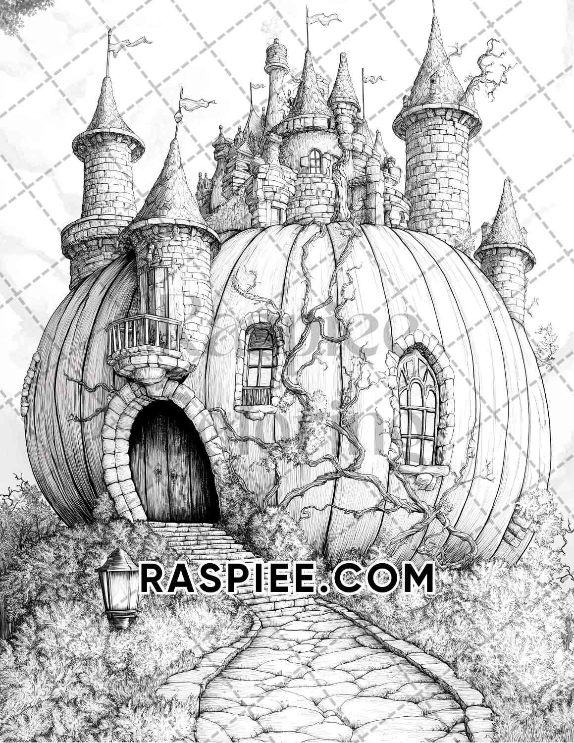 Fantasy Giant Pumpkin Castles Adult Coloring Pages Printable PDF Instant Download - RASPIEE