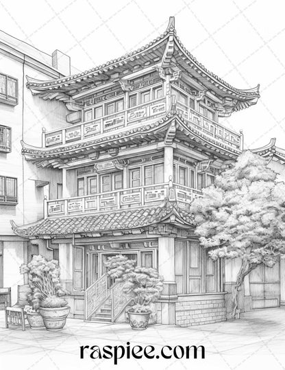 40 Traditional Chinese Houses Grayscale Coloring Pages Printable for Adults, PDF File Instant Download - Raspiee Coloring