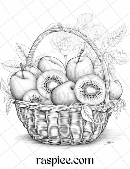 40 Fruit Basket Grayscale Coloring Pages Printable for Adults, PDF File Instant Download