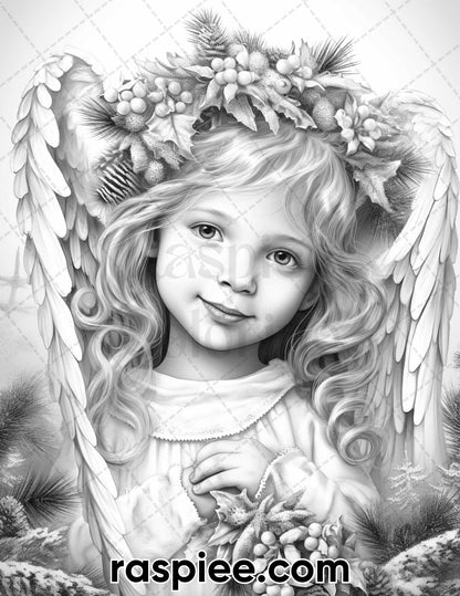 55 Christmas Angel Grayscale Coloring Pages for Adults, Printable PDF Instant Download