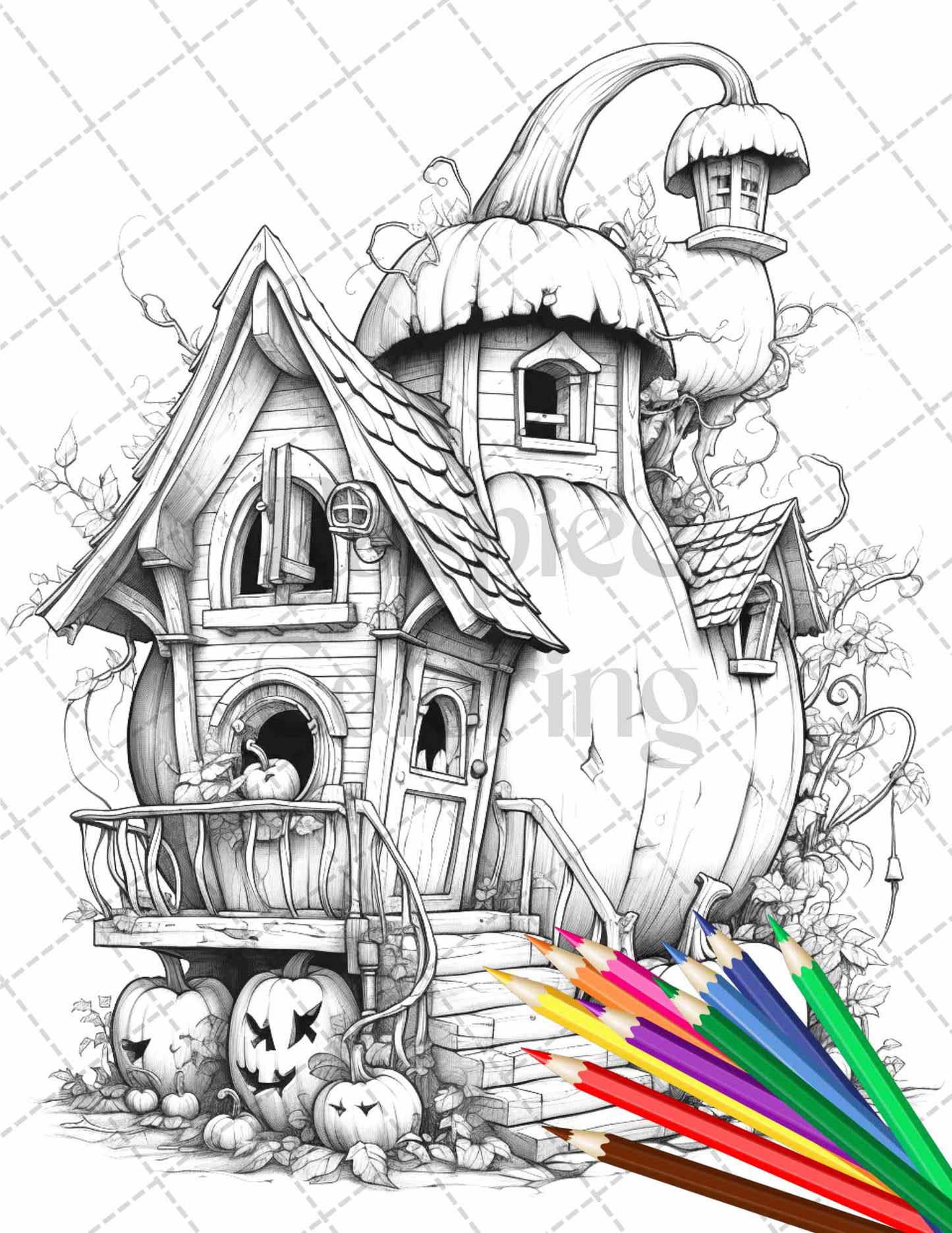 40 Pumpkin Fairy Houses Grayscale Coloring Pages Printable for Adults, PDF File Instant Download - raspiee