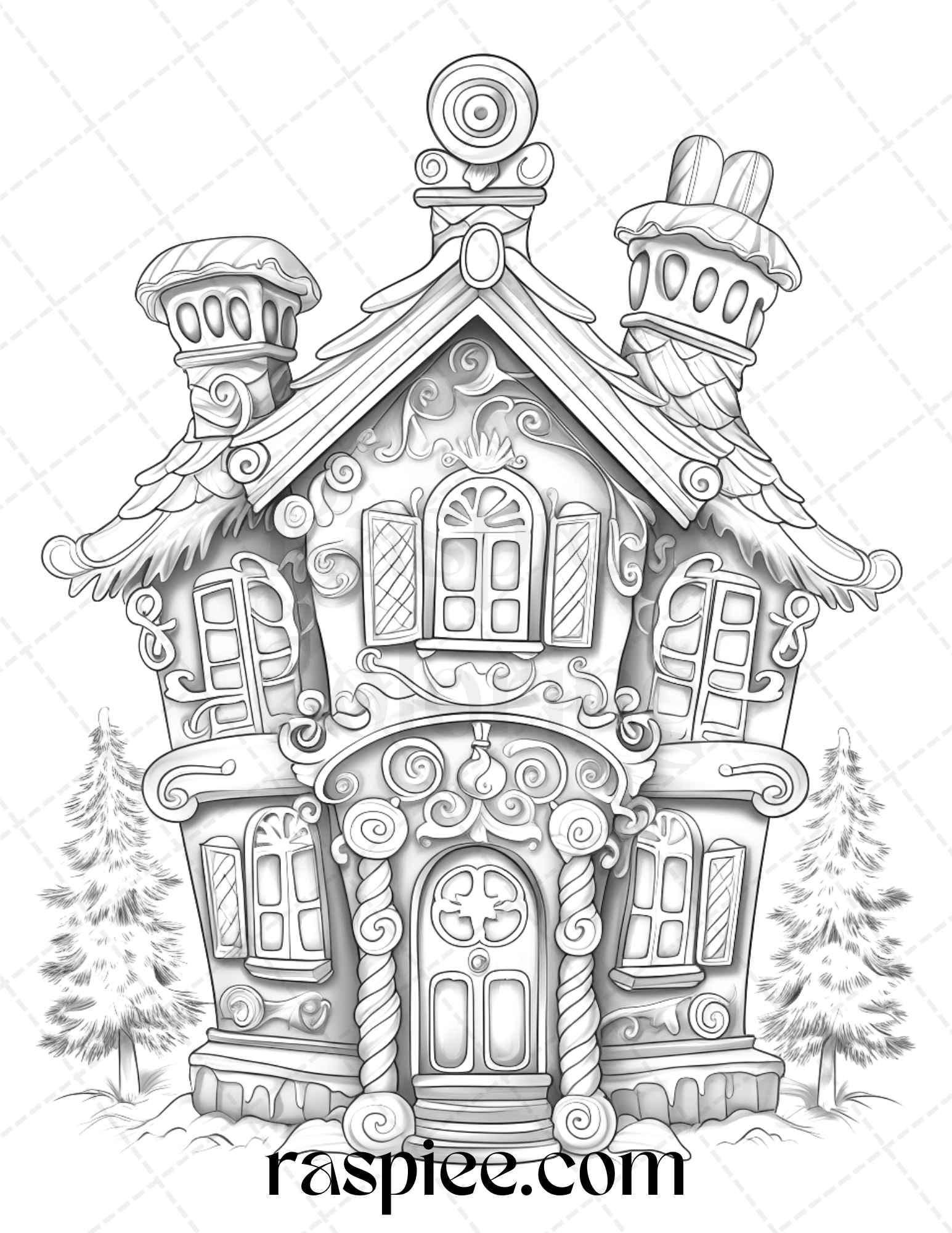 40 Christmas Gingerbread Houses Grayscale Coloring Pages Printable