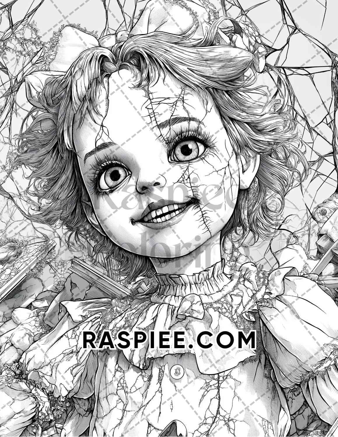 Haunted Dolls Halloween Horror Adult Coloring Pages Printable PDF Instant Download - RASPIEE