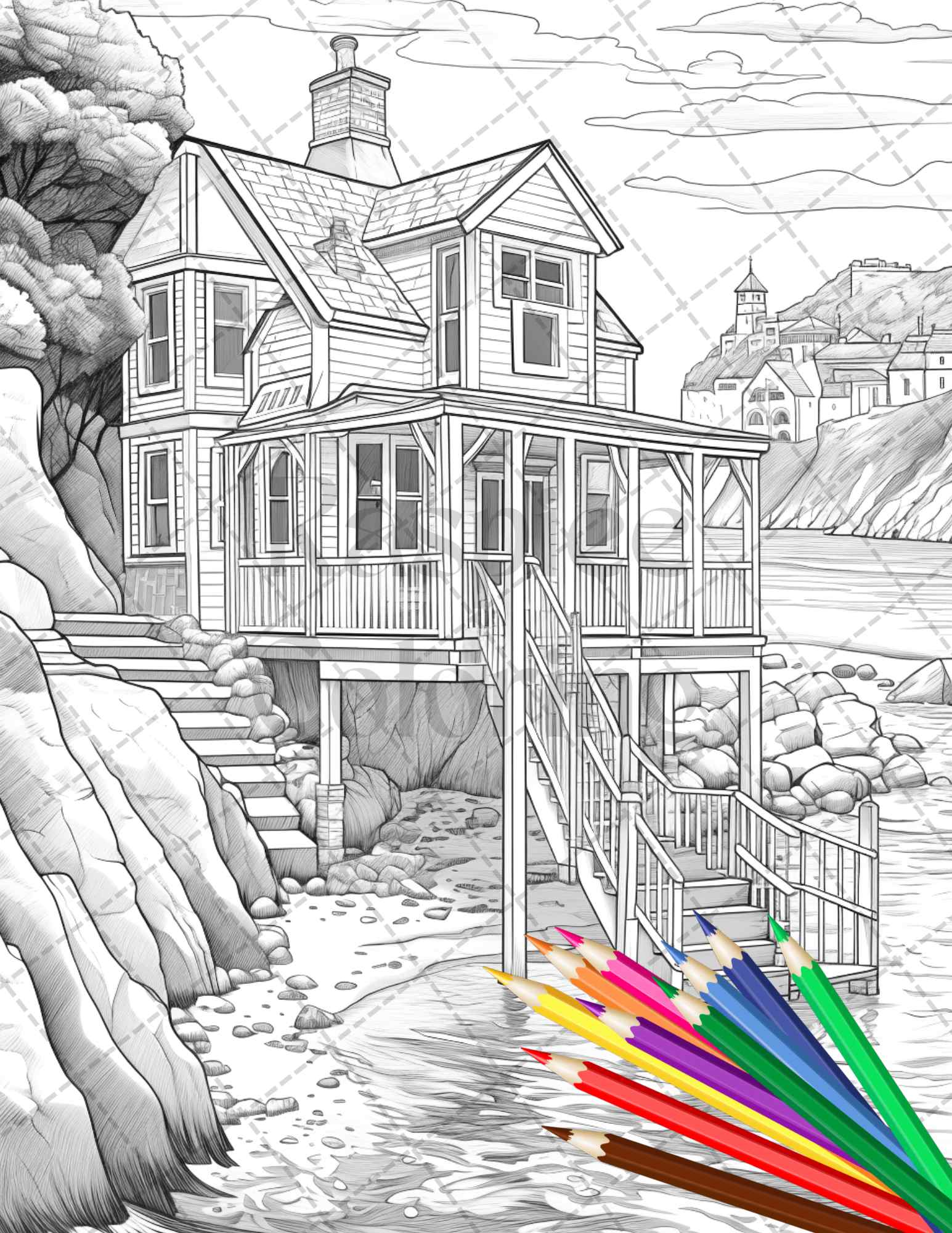 42 Wooden Beach Houses Grayscale Coloring Pages Printable for Adults, PDF File Instant Download - raspiee