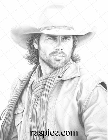 45 Wild West Cowboys Grayscale Coloring Pages Printable for Adults, PDF File Instant Download - Raspiee Coloring