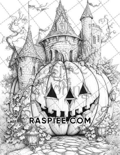 Fantasy Giant Pumpkin Castles Adult Coloring Pages Printable PDF Instant Download - RASPIEE