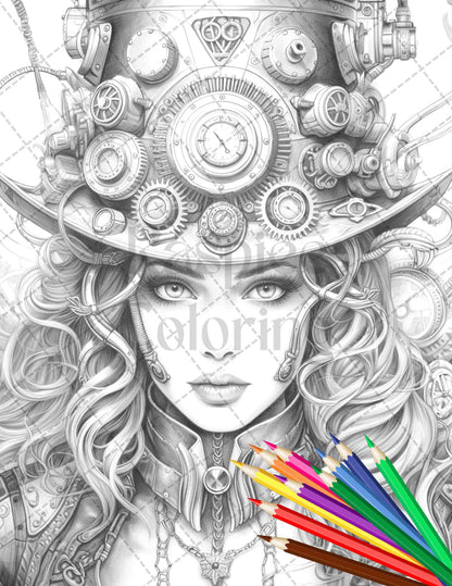 40 Steampunk Ladies Grayscale Coloring Pages Printable for Adults, PDF File Instant Download - raspiee
