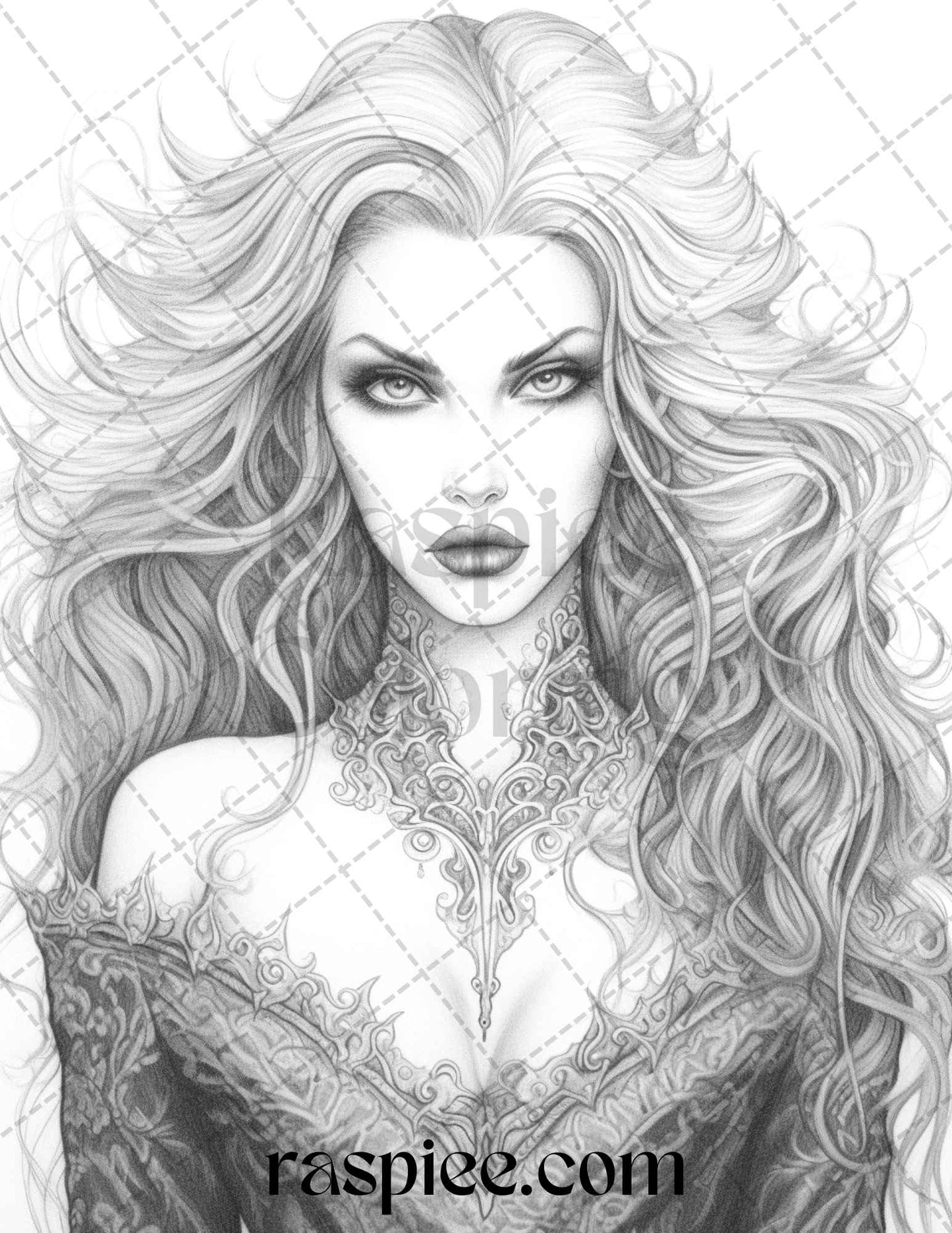 Bewitching Vampires Grayscale Coloring Pages Printable for Adults, PDF File Instant Download - raspiee