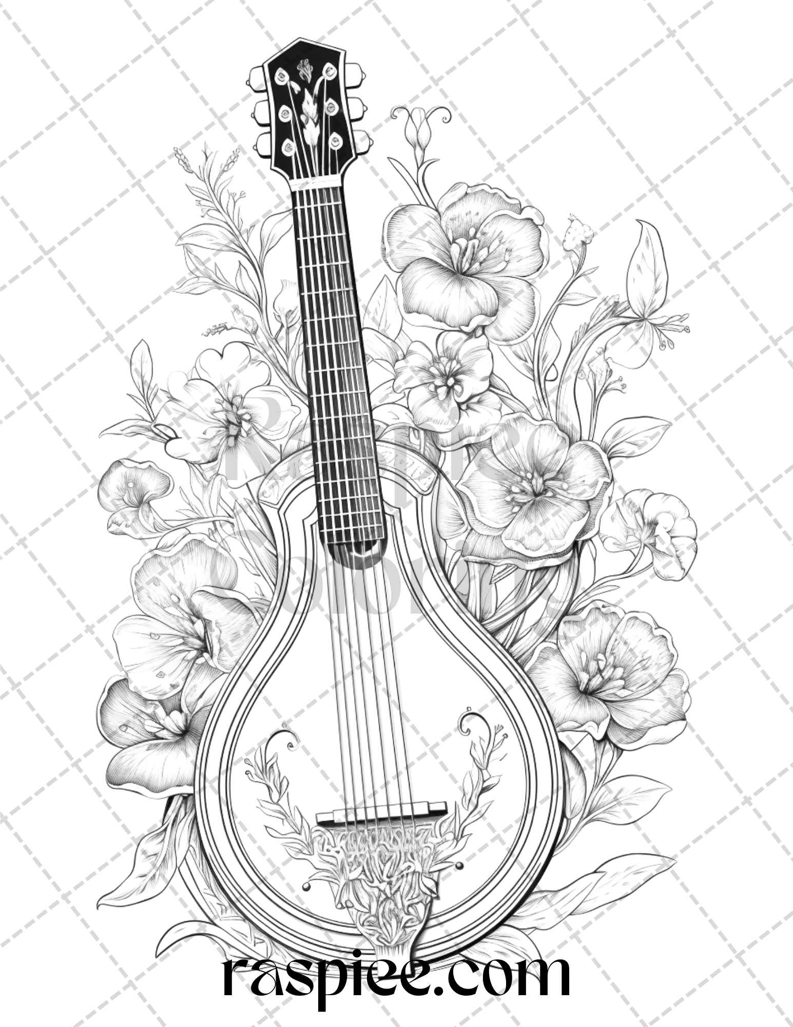 30 Musical Instrument Flower Grayscale Coloring Pages Printable for Adults, PDF File Instant Download - raspiee
