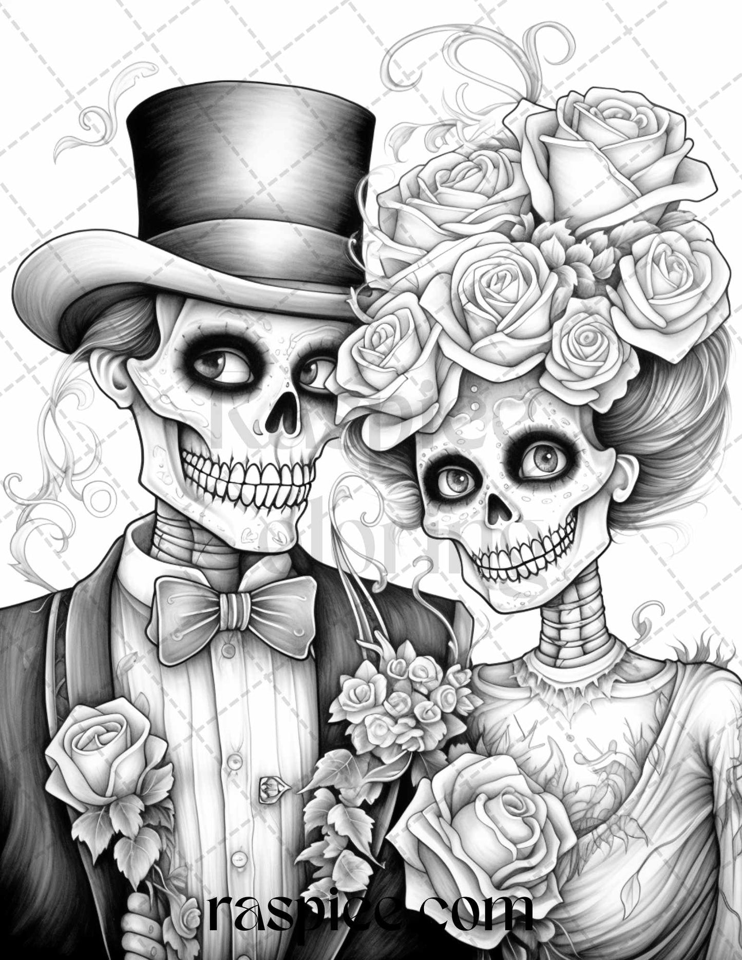 50 Day of the Dead Grayscale Coloring Pages Printable for Adults, PDF File Instant Download