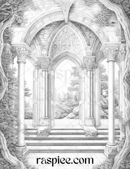 Mystical World Grayscale Coloring Pages Printable for Adults, Enchanting Fantasy Designs, PDF File Instant Download - Raspiee Coloring
