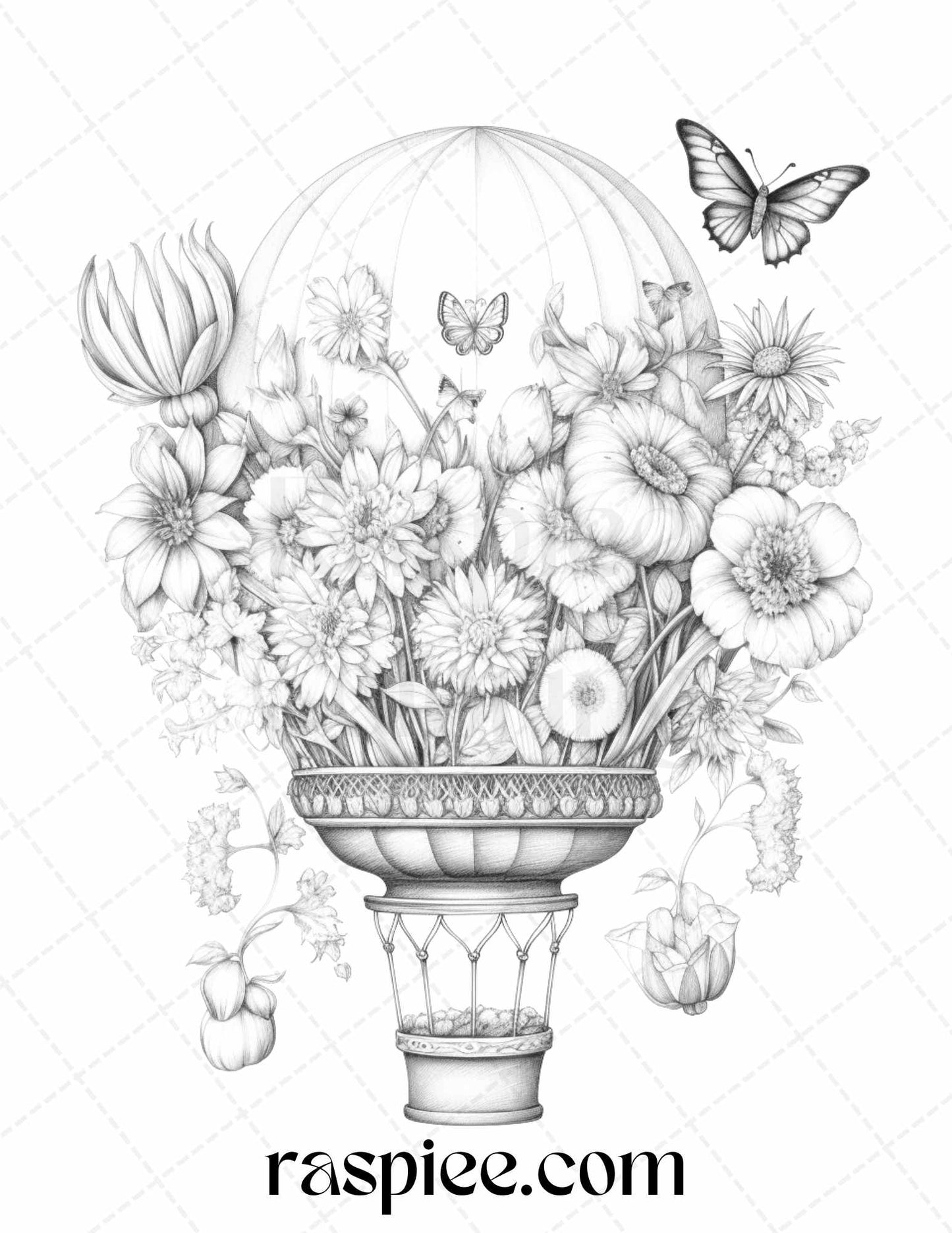 42 Flower Hot Air Balloons Grayscale Coloring Pages Printable for Adults, PDF File Instant Download - Raspiee Coloring