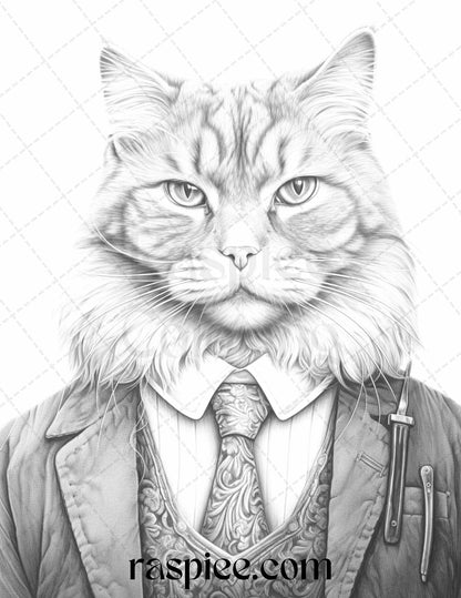 Gentleman Cat Grayscale Coloring Pages Printable for Adults Kids, PDF File Instant Download - Raspiee Coloring