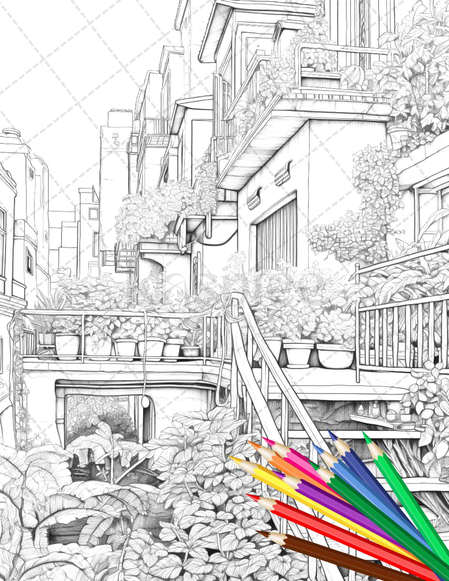 Charming Balcony Garden Grayscale Coloring Pages Printable for Adults, PDF File Instant Download - raspiee