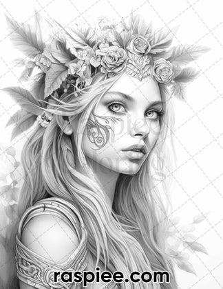 50 Fantasy Forest Elves Grayscale Coloring Pages for Adults, Printable ...