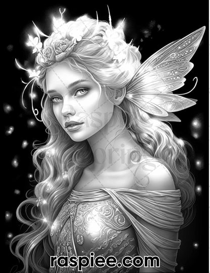 50 Starlight Fairy Grayscale Coloring Pages for Adults, Printable PDF File Instant Download