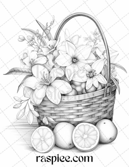 40 Fruit Basket Grayscale Coloring Pages Printable for Adults, PDF File Instant Download