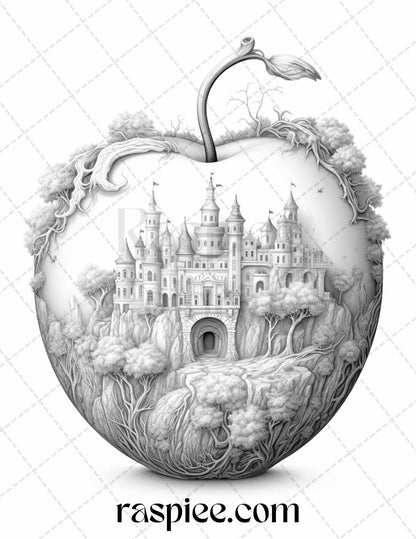 60 Miniworld in the Apple Grayscale Coloring Pages Printable for Adults, PDF File Instant Download