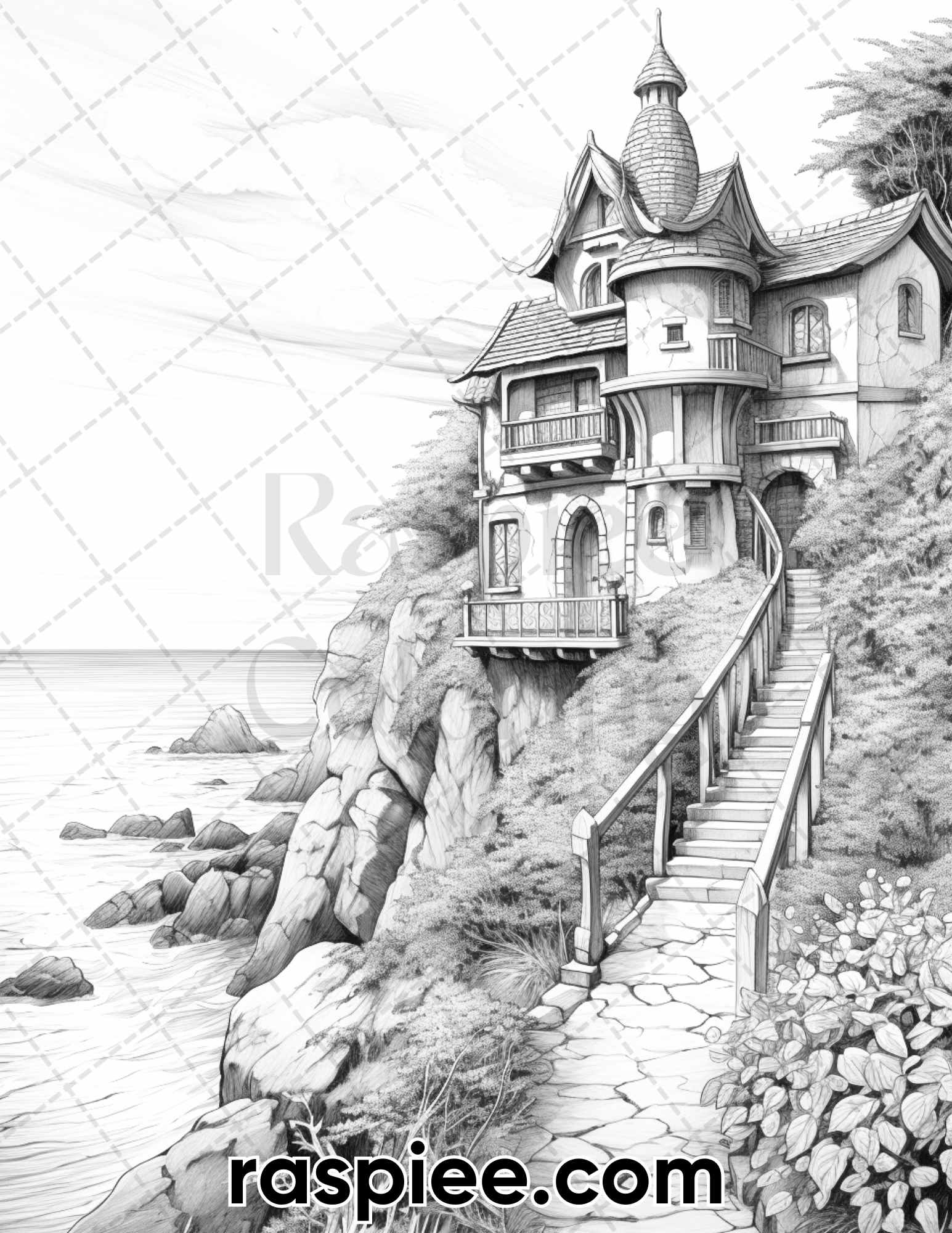 Fairy Beach House Coloring Page, Relaxing Adult Coloring Sheet, Beach House Coloring Page, Stress Relief Coloring Page, Creative Coloring Design, Decorative Coloring Sheet, Fantasy Coloring Page, Fairytale Coloring Page