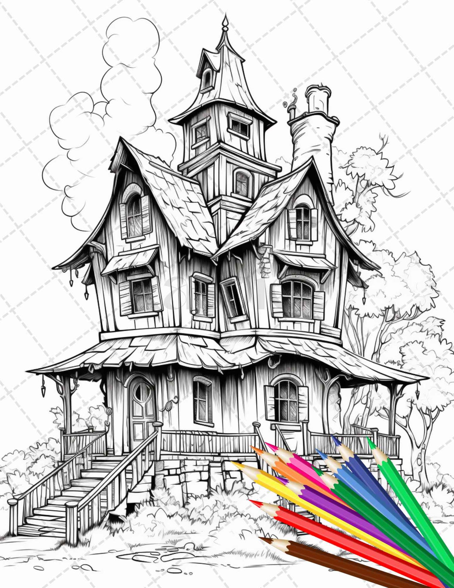32 Spooky Houses Coloring Pages Printable for Adults, Grayscale Coloring Page, PDF File Instant Download - raspiee