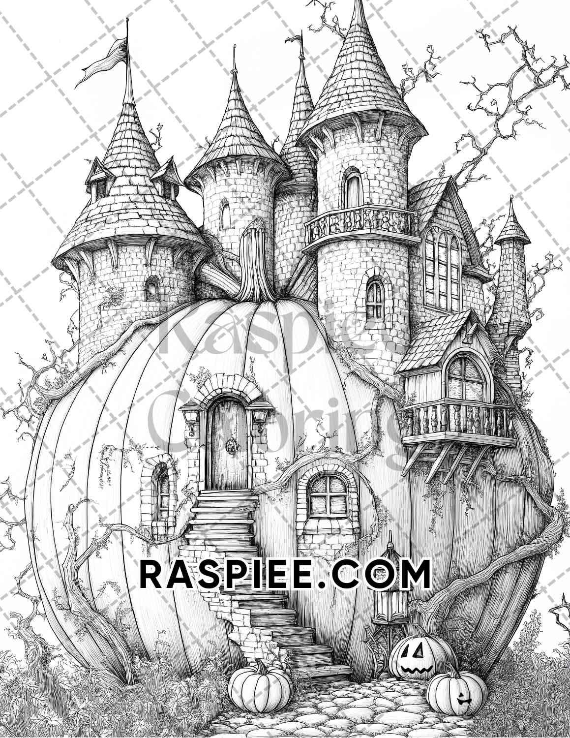 Fantasy Giant Pumpkin Castles Adult Coloring Pages Printable PDF Instant Download - RASPIEE